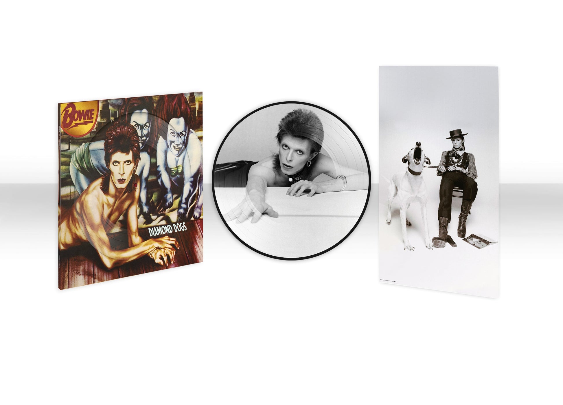 David Bowie Diamond Dogs vinyl album cover, picture disc, and accompanying black-and-white photograph.