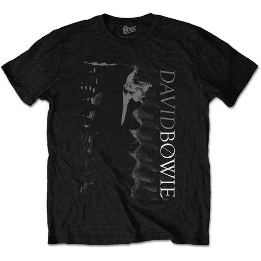 Black t-shirt with a distorted black and white David Bowie portrait and text.