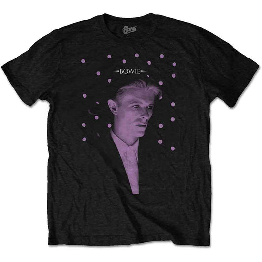 Black t-shirt with David Bowie portrait and purple dot design.