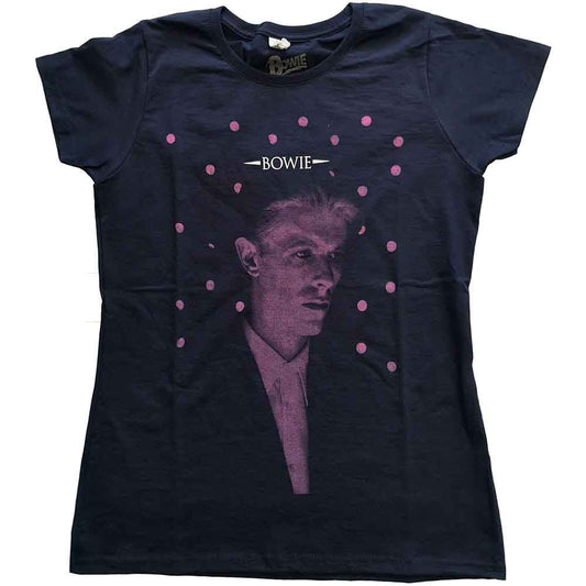 Navy blue women’s t-shirt with David Bowie portrait and pink dots.