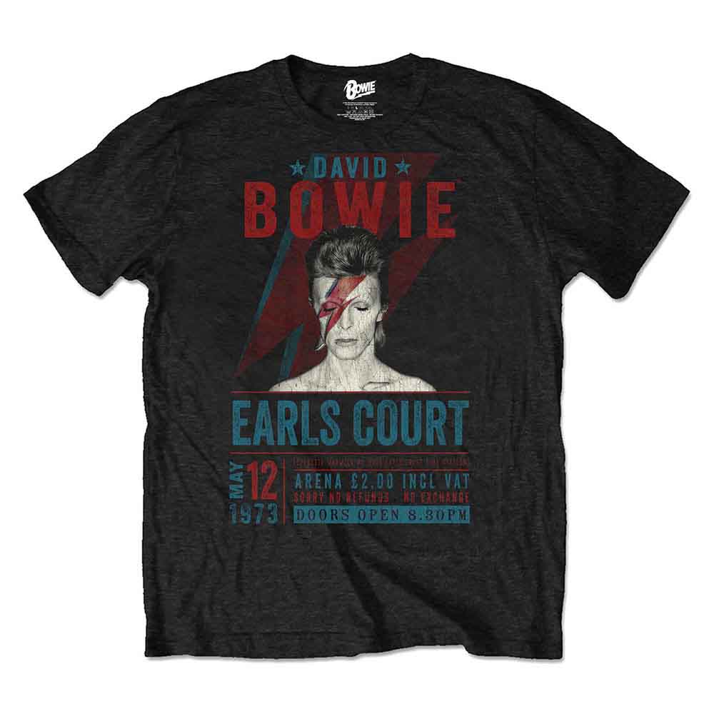 Black t-shirt with a David Bowie concert poster graphic from 1973.