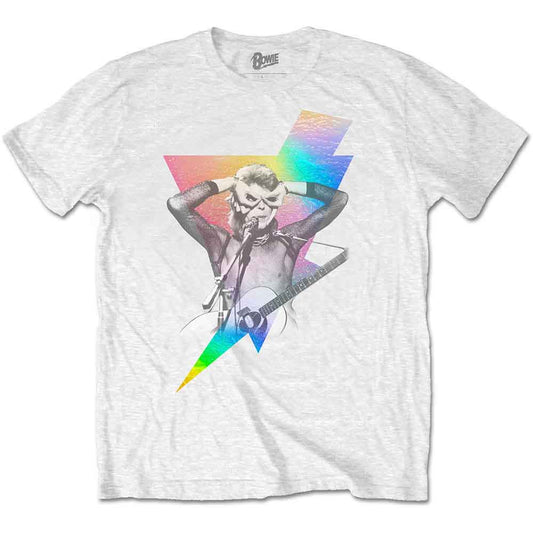 White t-shirt with holographic lightning bolt and David Bowie image.