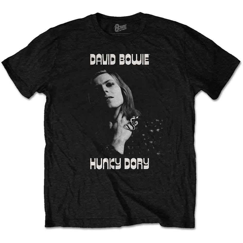 Black t-shirt with a portrait of David Bowie from the Hunky Dory album.