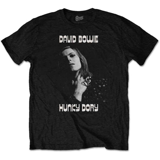 Black t-shirt with a portrait of David Bowie from the Hunky Dory album.