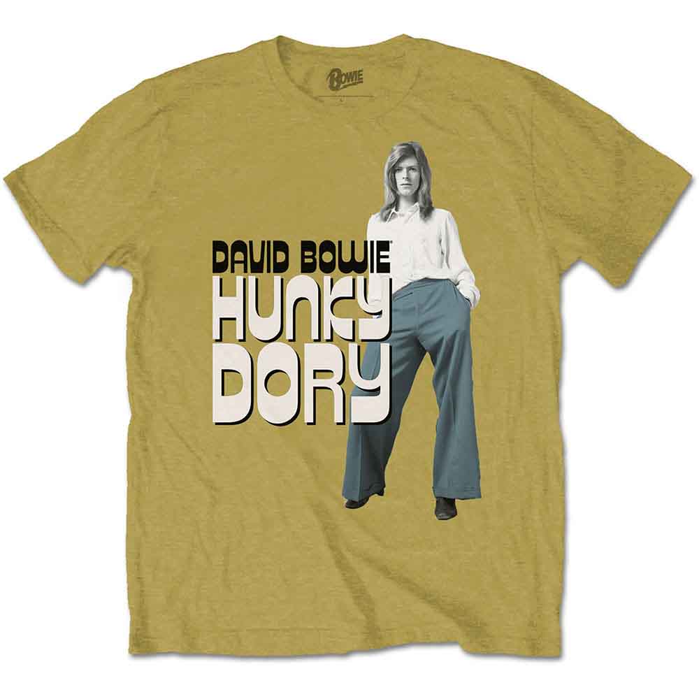 Mustard yellow David Bowie Hunky Dory t-shirt with portrait graphic.