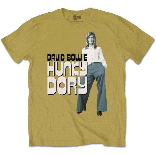 Mustard yellow David Bowie Hunky Dory t-shirt with portrait graphic.