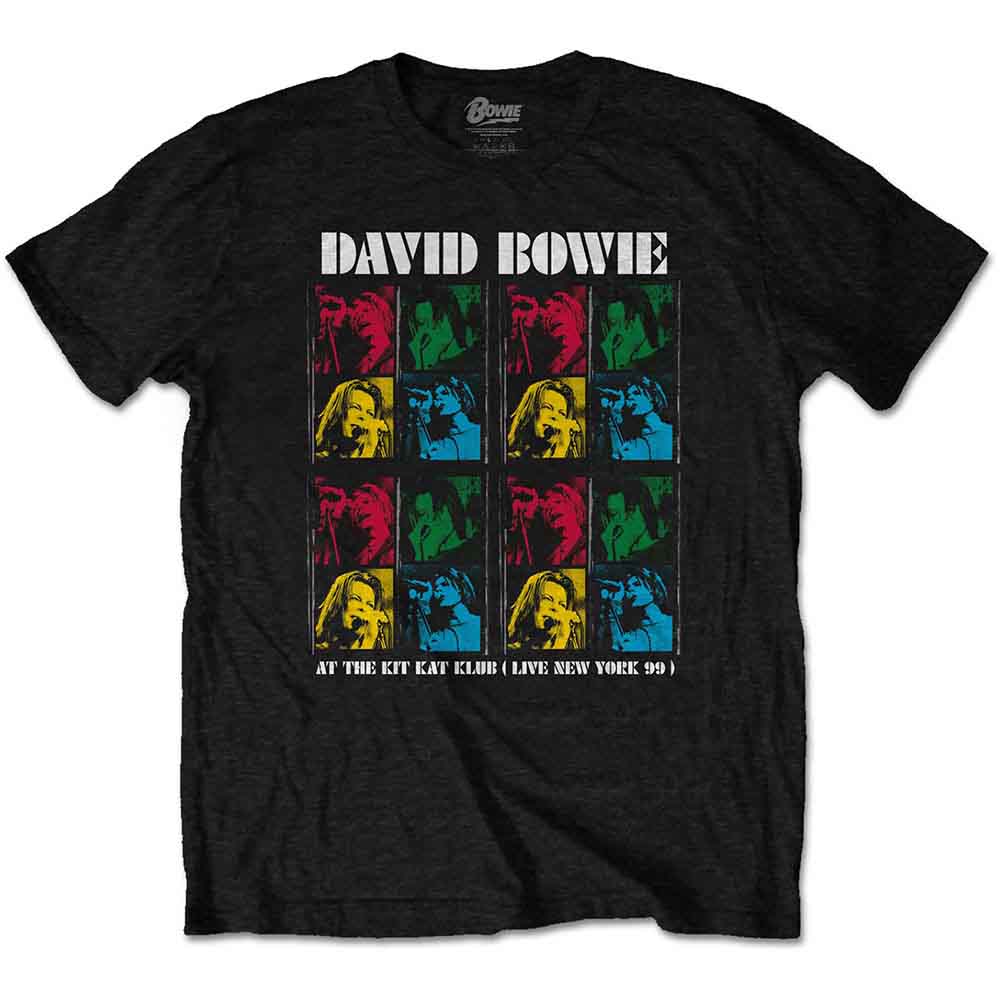 Black t-shirt with colorful David Bowie portrait design, worn by a man.