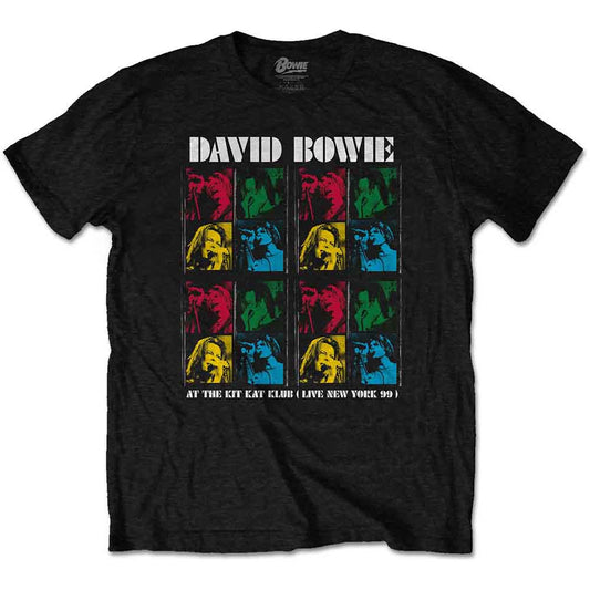 Black t-shirt with colorful David Bowie portrait design, worn by a man.