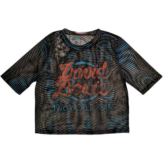 Black mesh crop top featuring 1984 David Bowie World Tour imagery, size X-Large.