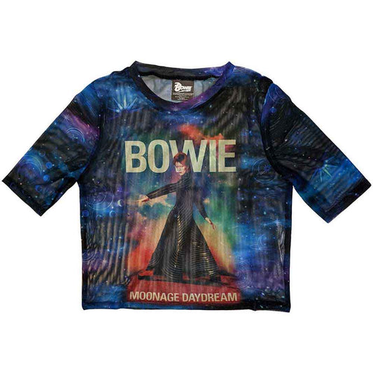Mesh crop top featuring a faded Moonage Daydreams Bowie image, size X-Small.