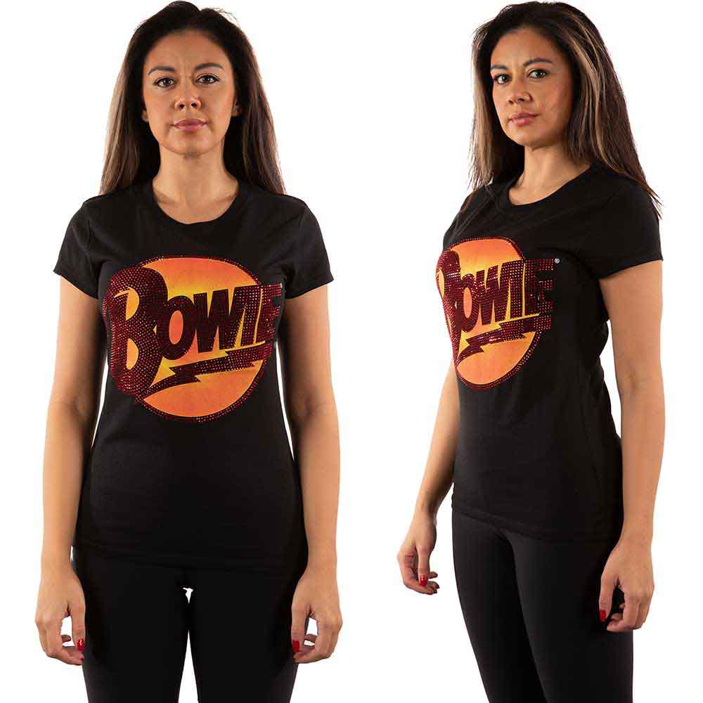 Medium fit ladies t-shirt featuring the Diamond Dogs logo with diamante details.