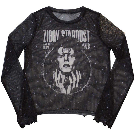 Long sleeve black t-shirt featuring a mesh panel and Ziggy Stardust portrait.