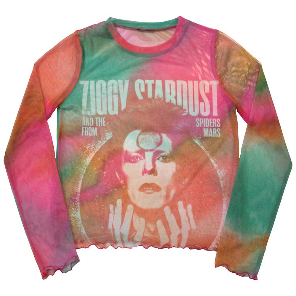 Long sleeve ladies' t-shirt with a Ziggy Stardust image and mesh detailing.