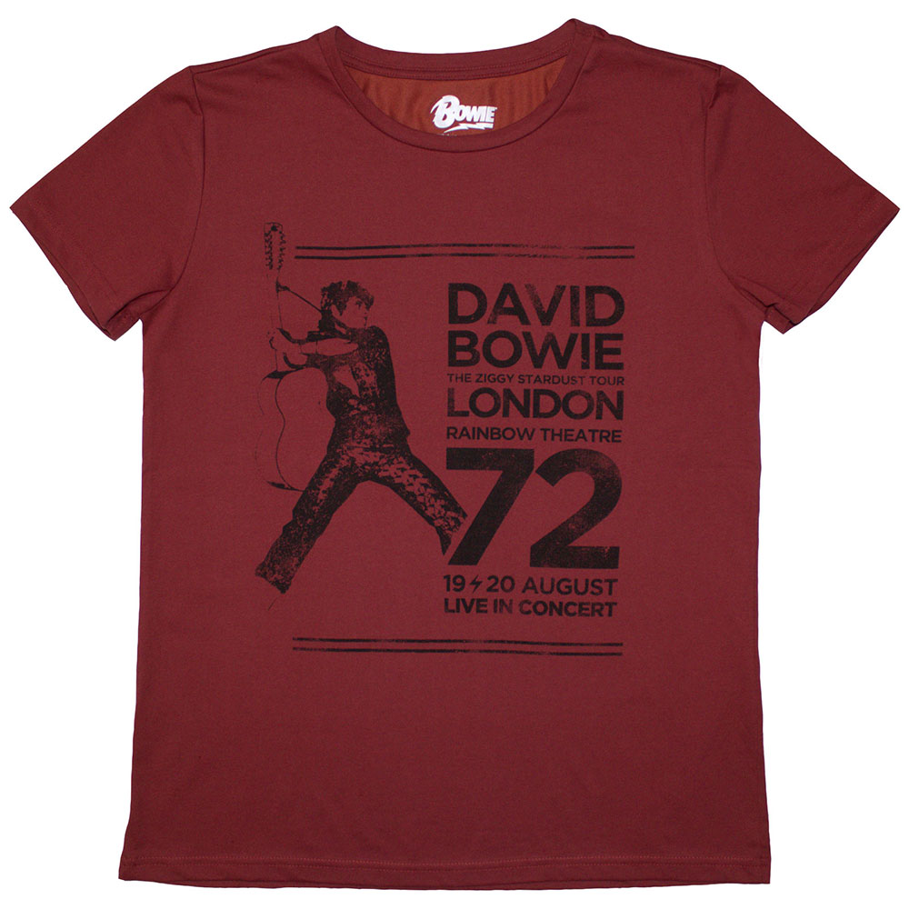 Ladies’ black t-shirt featuring David Bowie artwork from a Rainbow Theatre concert.