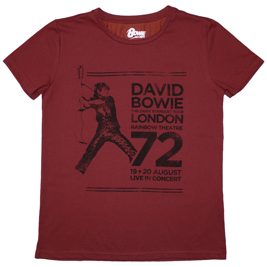 Ladies’ black t-shirt featuring David Bowie artwork from a Rainbow Theatre concert.