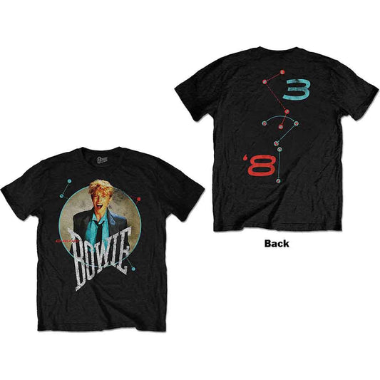 A man wearing a black David Bowie t-shirt with a Let's Dance graphic.