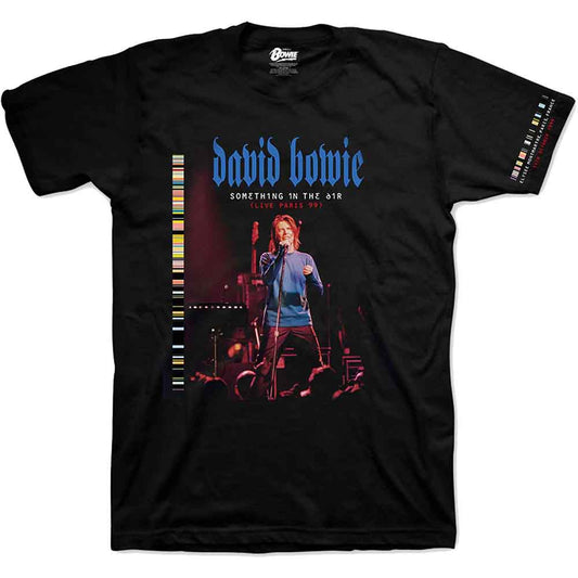 Black t-shirt with David Bowie performing live in Paris graphic.
