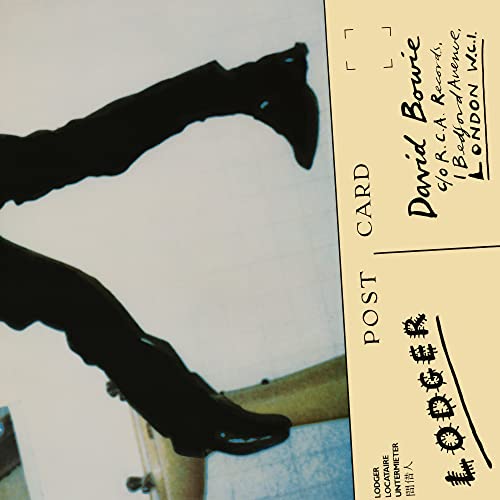 David Bowie’s “Lodger” vinyl album cover featuring legs and postcard text.