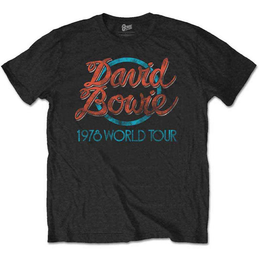 Black t-shirt with a distressed red and teal "David Bowie 1978 World Tour" graphic.