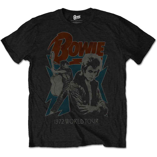 Black t-shirt featuring David Bowie, a guitar, and "1972 World Tour" text.