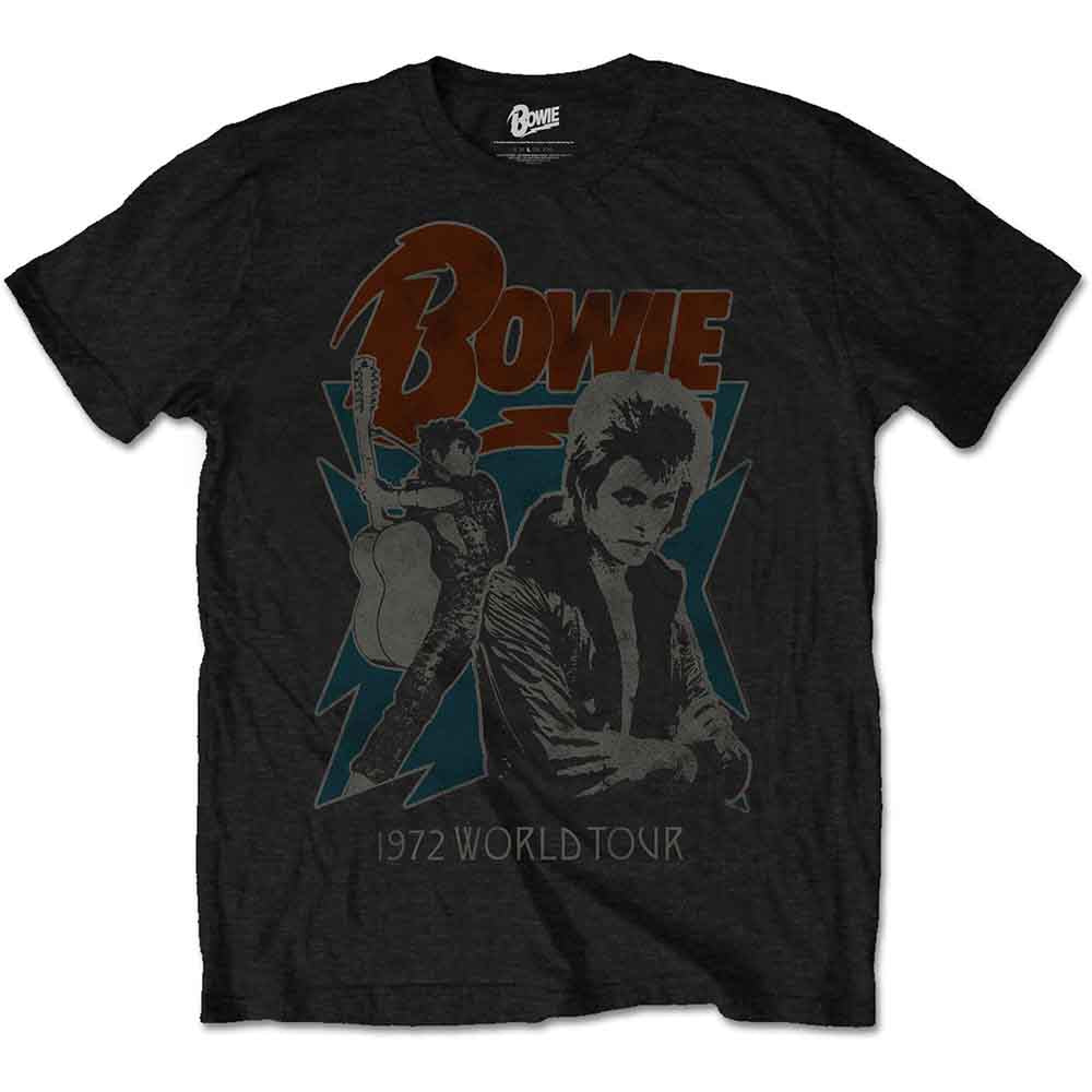 Black t-shirt featuring David Bowie, a guitar, and "1972 World Tour" text.