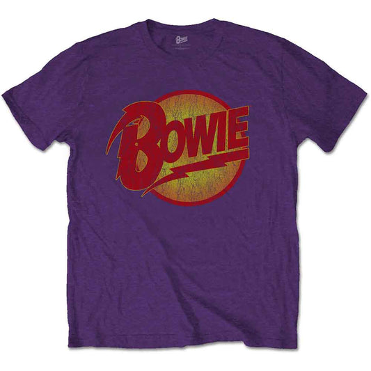 Purple t-shirt with a red "Bowie" logo inside a gold circle.