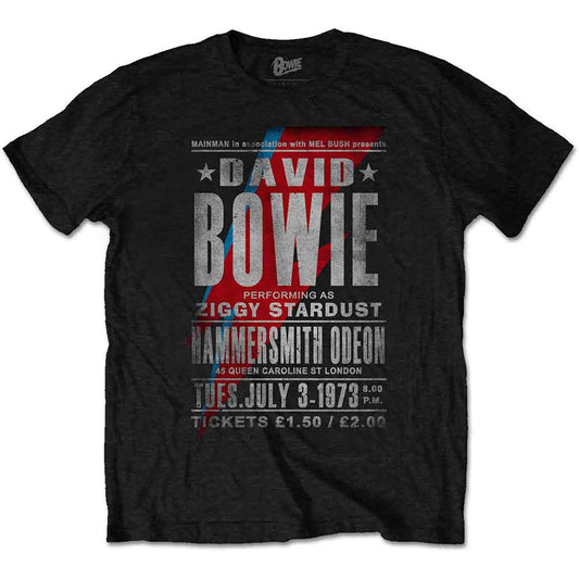Black t-shirt with a vintage David Bowie Ziggy Stardust concert poster design.