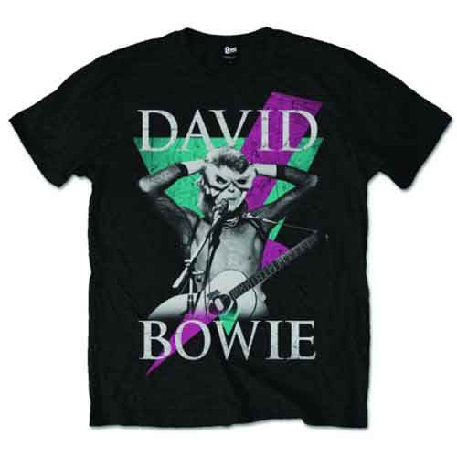 Black t-shirt with a graphic of David Bowie playing guitar.