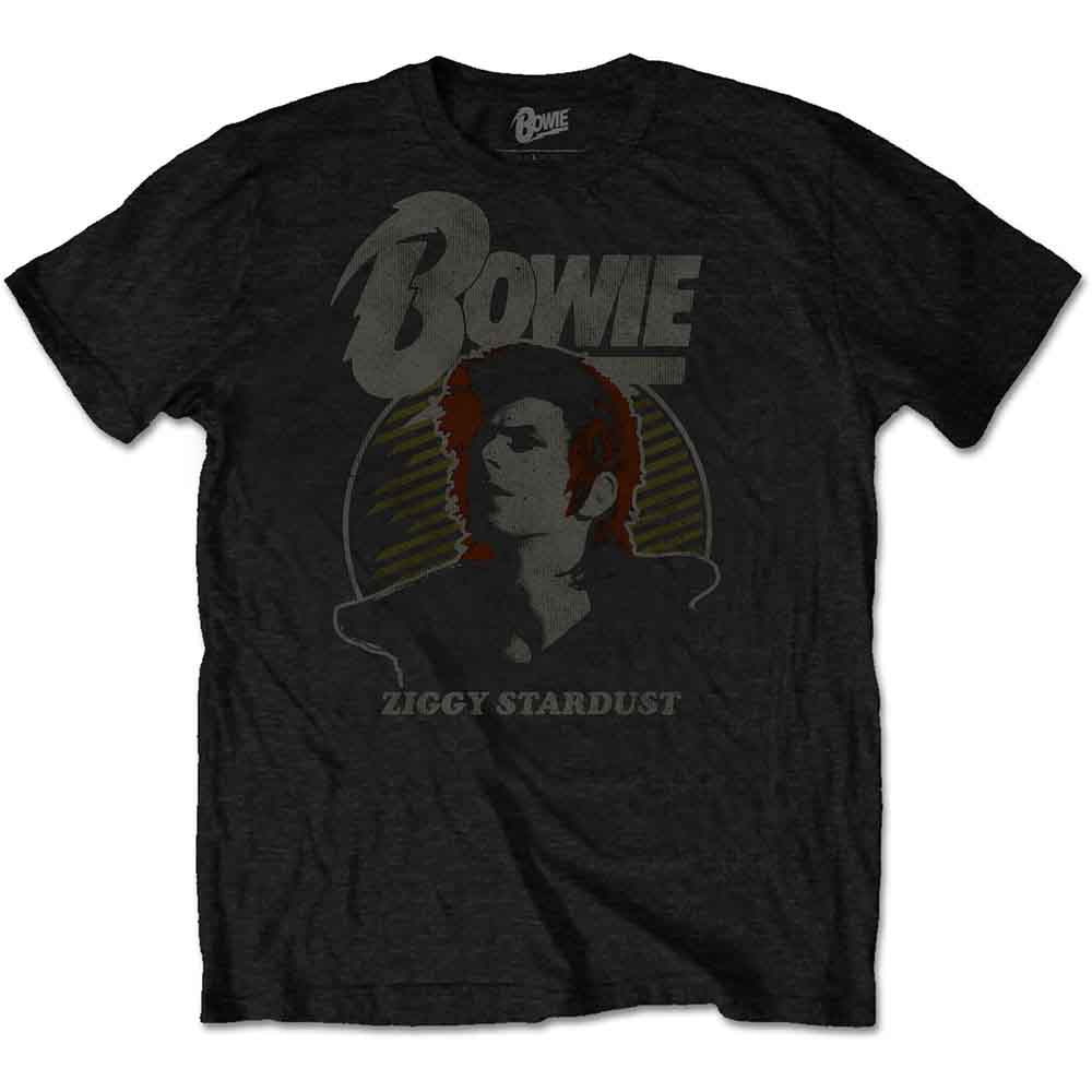 Black t-shirt with a distressed graphic of David Bowie as Ziggy Stardust.