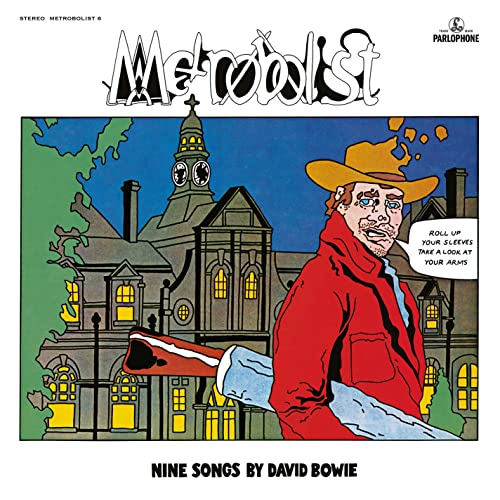 David Bowie’s “Metabolist” album cover: illustrated buildings and a cowboy figure.