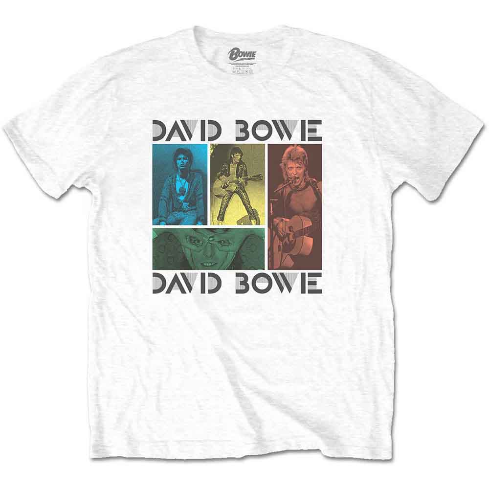 White t-shirt with a David Bowie photo collage graphic.