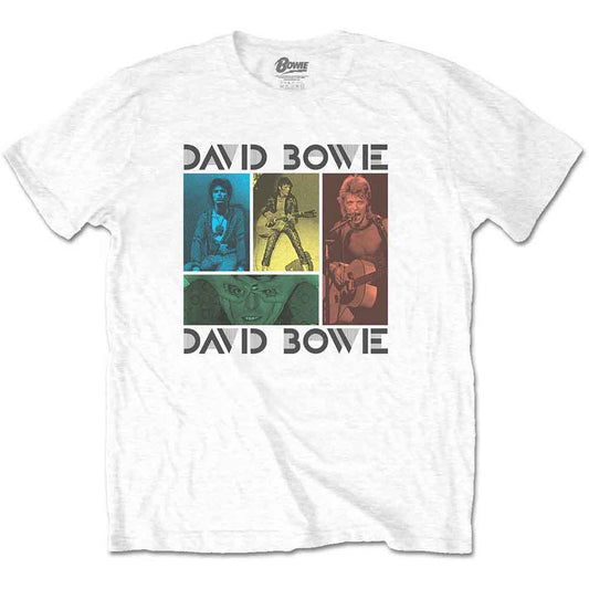 White t-shirt with a David Bowie photo collage graphic.