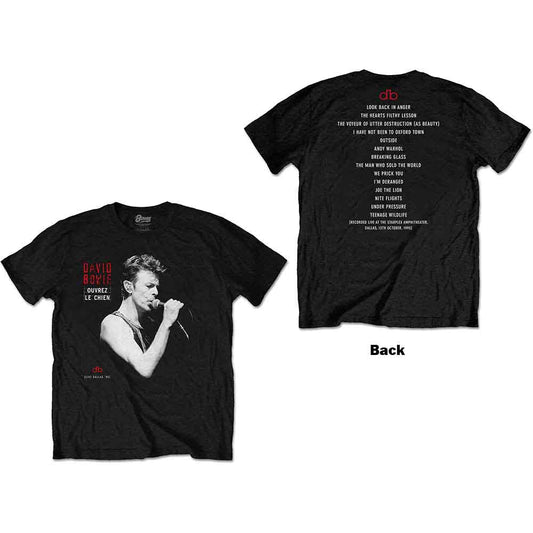 Black t-shirt with a graphic of David Bowie performing, 1995 tour.