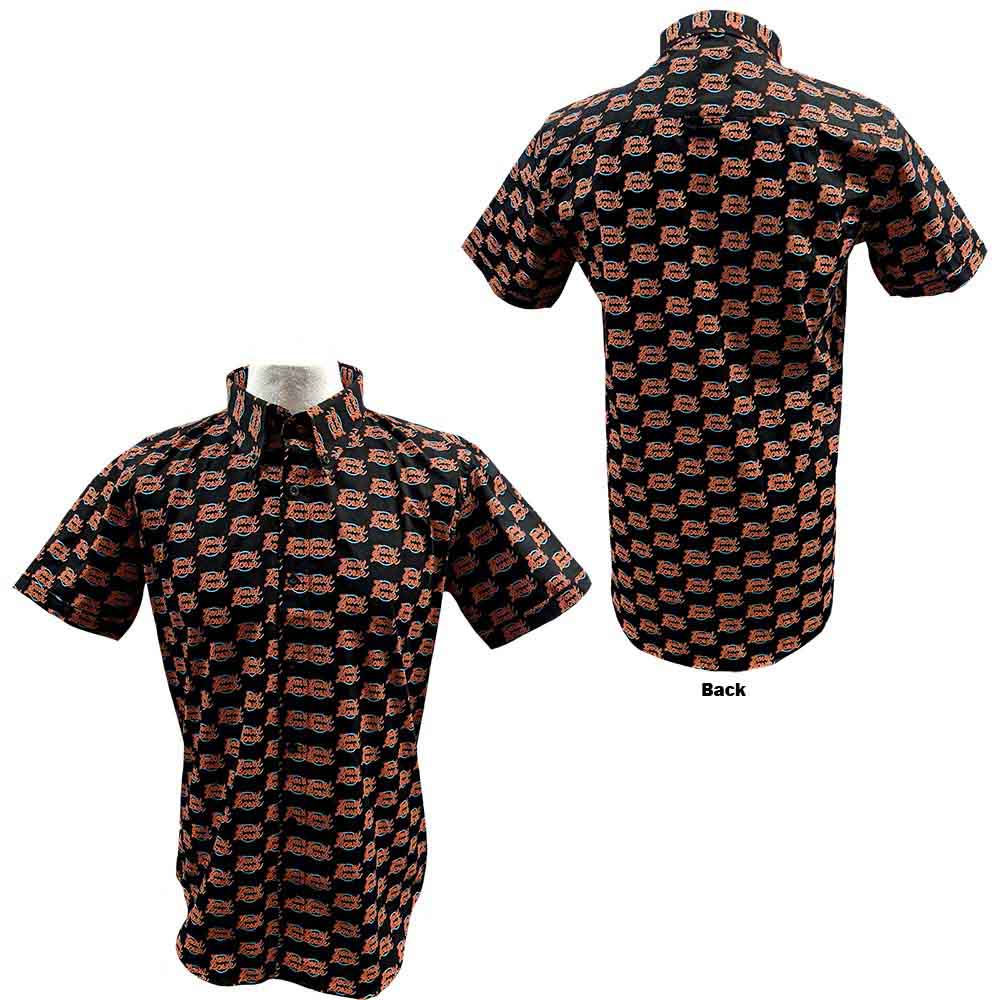 White short-sleeved shirt covered in a repeating David Bowie logo pattern.
