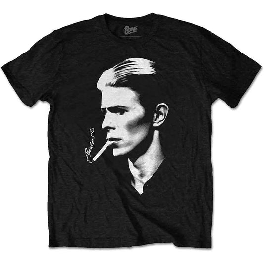 Black t-shirt with a white graphic of David Bowie in profile, smoking.