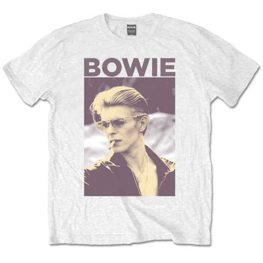 White t-shirt with a graphic of David Bowie in sunglasses.