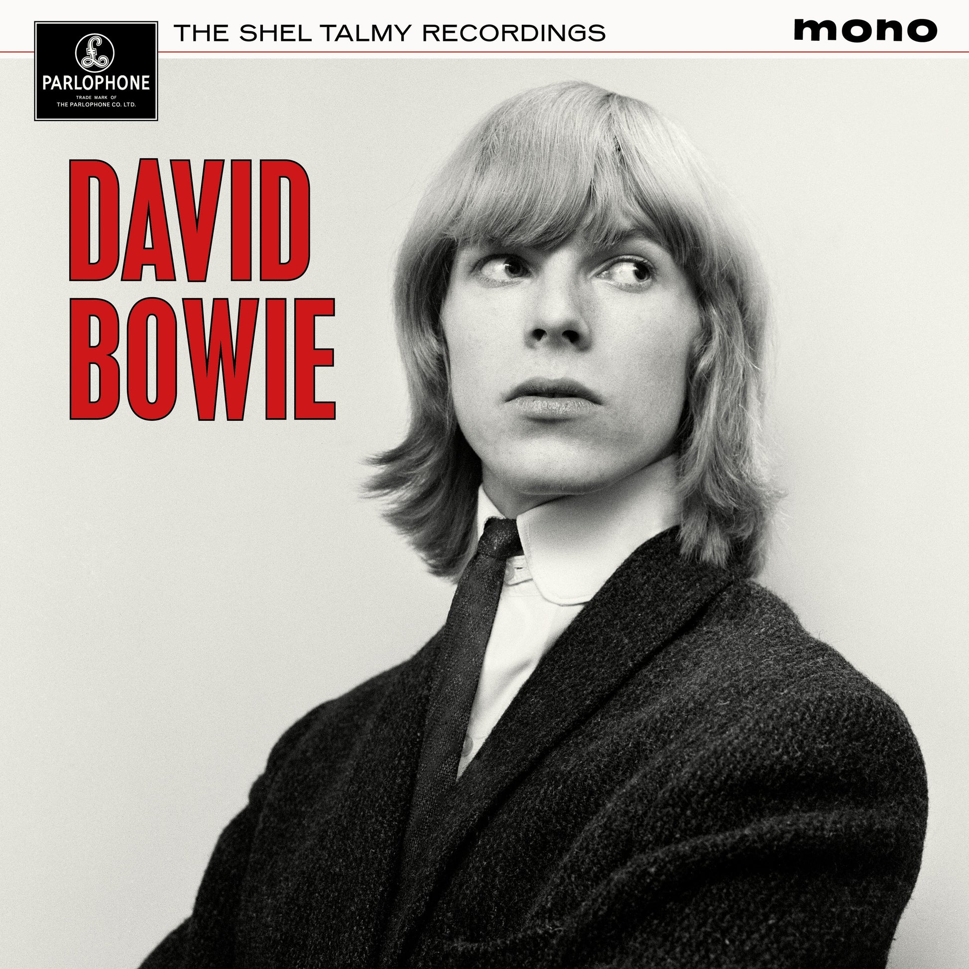 Black and white portrait of young David Bowie on a record album cover.
