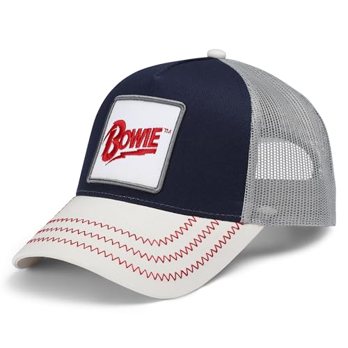 Navy and grey trucker cap with a white patch displaying "Bowie".