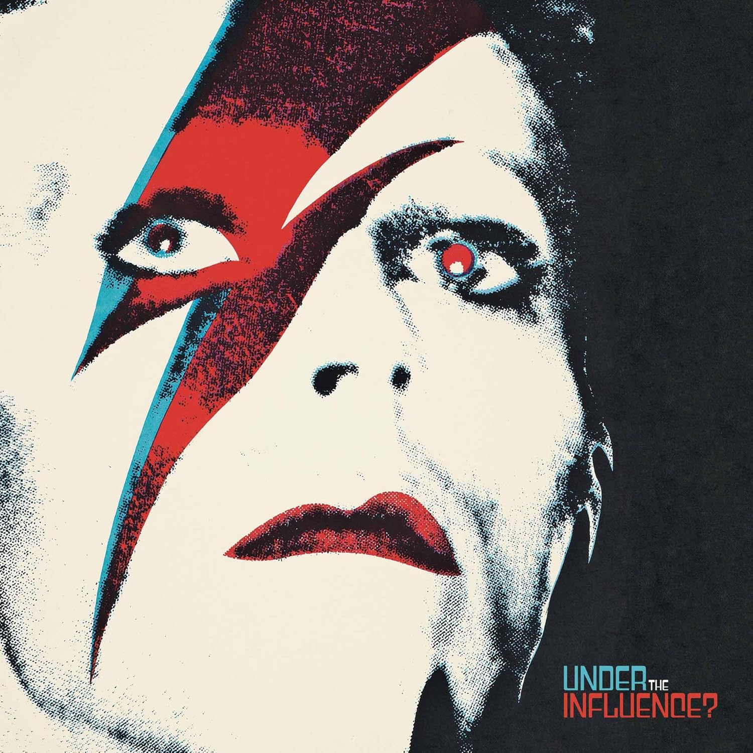 Close-up of David Bowie with red and blue lightning bolt makeup.