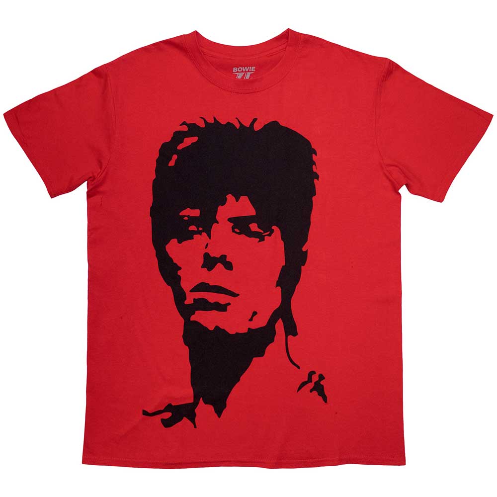 Medium unisex t-shirt featuring a black and white 1973 David Bowie portrait.