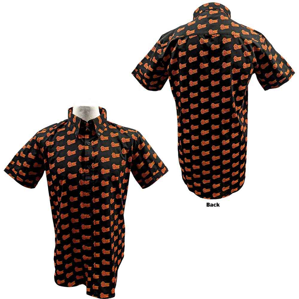 Black short-sleeve shirt with repeating red David Bowie logo pattern.