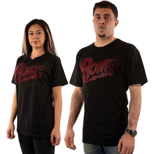Black t-shirt with a sparkling, embellished David Bowie logo on the chest.