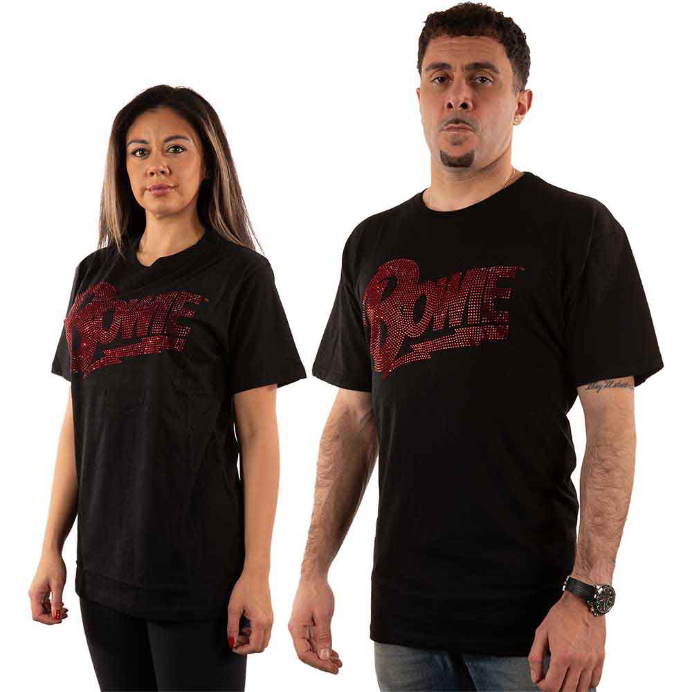 Black t-shirt with a sparkling, embellished David Bowie logo on the chest.