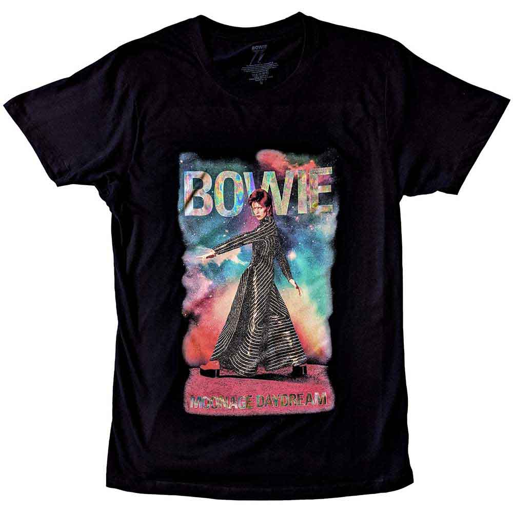 Black t-shirt with faded glitter print of David Bowie’s “Moonage 11” album art.