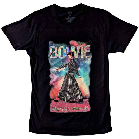 Black t-shirt with faded glitter print of David Bowie’s “Moonage 11” album art.
