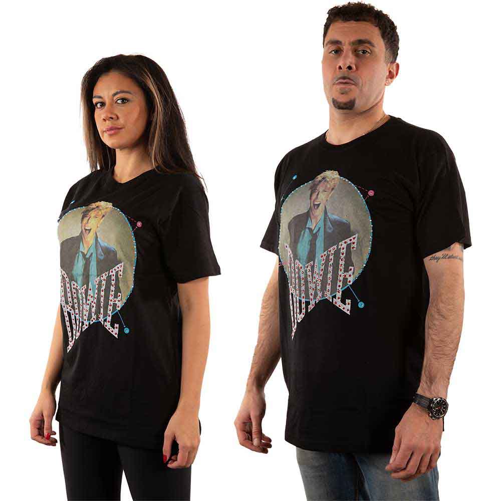 Vintage-style black t-shirt with a diamante-studded 1983 David Bowie image, size XX-Large.