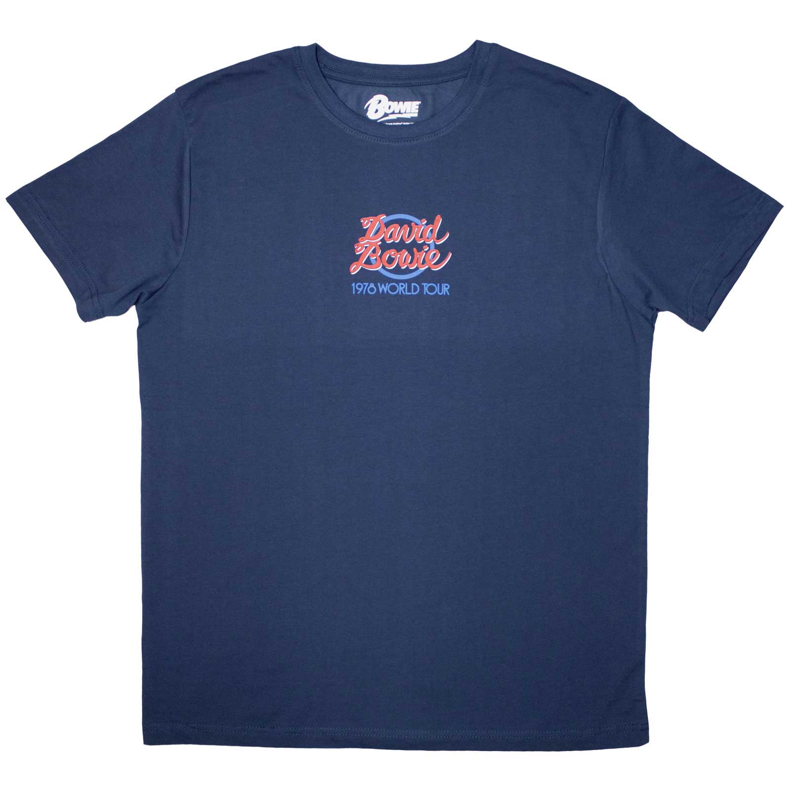 Black unisex t-shirt featuring a small white David Bowie 1978 World Tour logo.