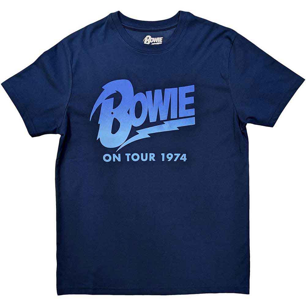 Black unisex t-shirt featuring a vintage David Bowie 1974 tour graphic on the front.