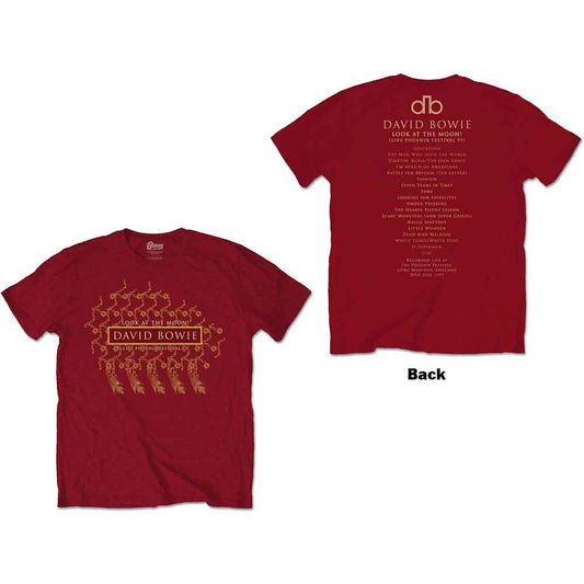 Black unisex t-shirt featuring David Bowie branding and Phoenix Festival graphics on the back.
