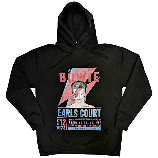 Black unisex pullover hoodie featuring a David Bowie Earls Court 1973 graphic print.